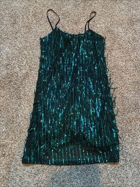 Emerald Green Sequin Fringe Party Dress